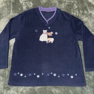 VTG Croft & Barrow V Neck Large Navy Polar Bear Winter Christmas Sweatshirt